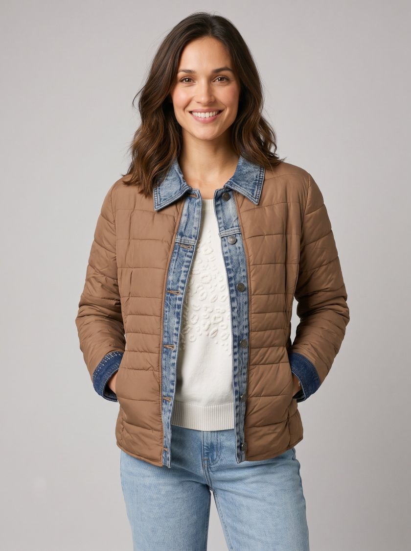 Doudoune femme marron café rebords jeans