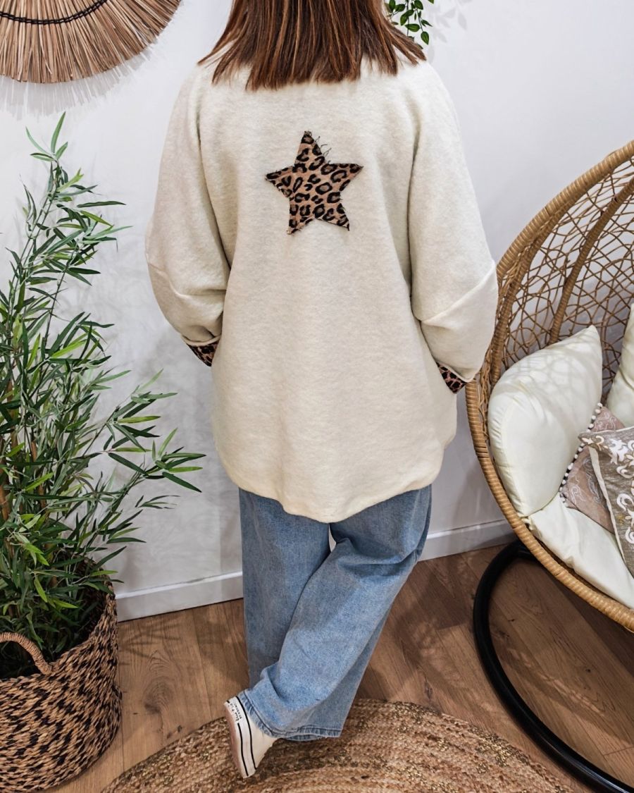 Manteau long femme dos étoile et manches léopard