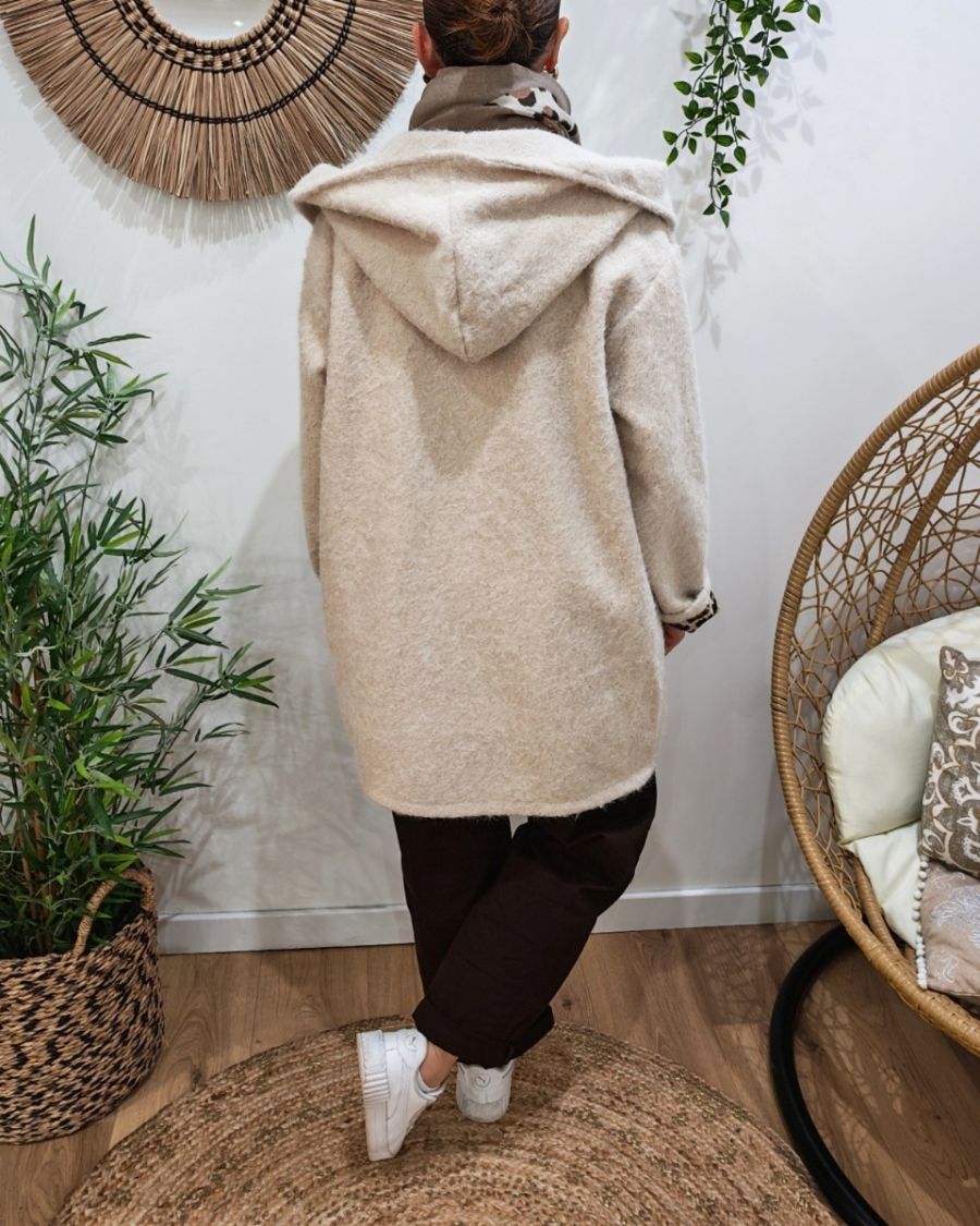 Manteau long femme à capuche poches plaquées