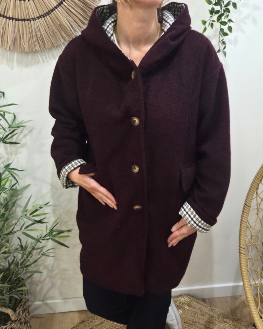 Manteau long femme à capuche poches plaquées revers à carreaux