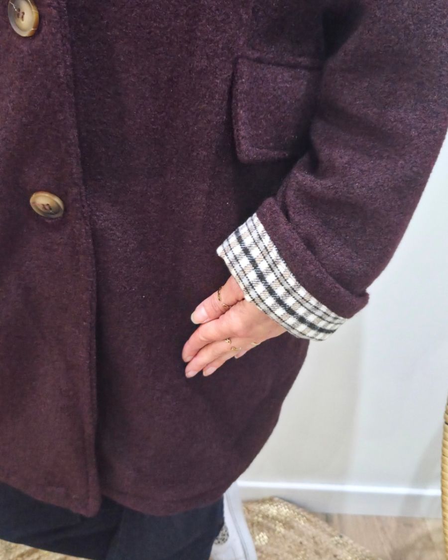 Manteau long femme à capuche poches plaquées revers à carreaux