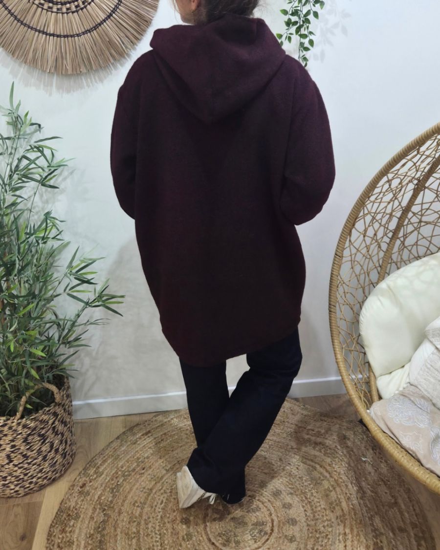 Manteau long femme à capuche poches plaquées revers à carreaux
