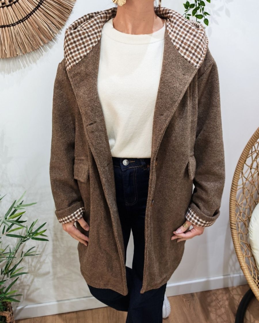 Manteau long femme à capuche marron poches plaquées revers à carreaux