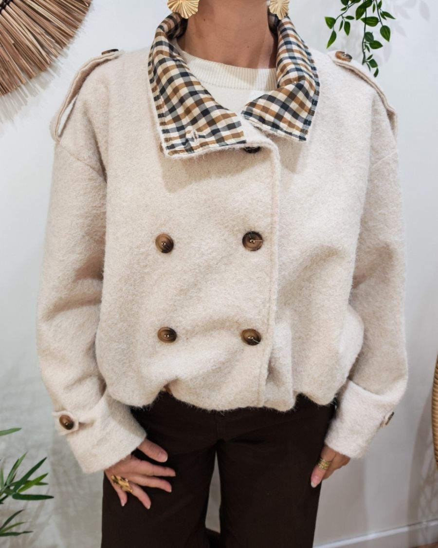 Manteau court femme effet bombers col montant revers à carreaux