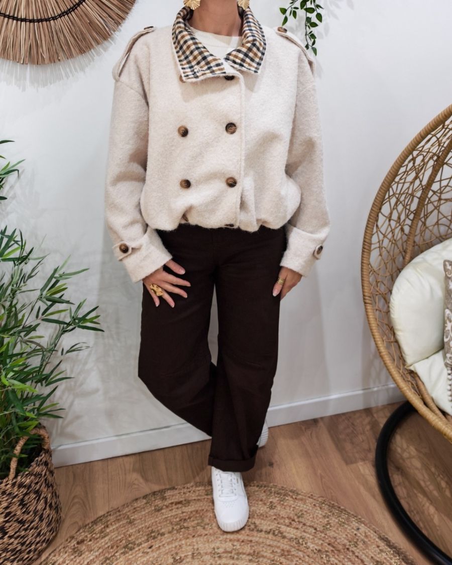 Manteau court femme effet bombers col montant revers à carreaux