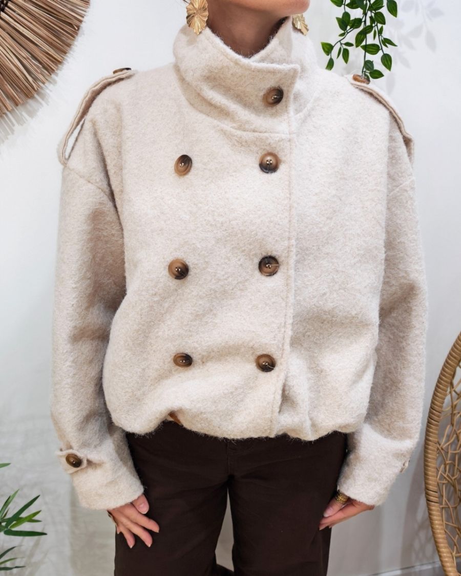 Manteau court femme effet bombers col montant revers à carreaux