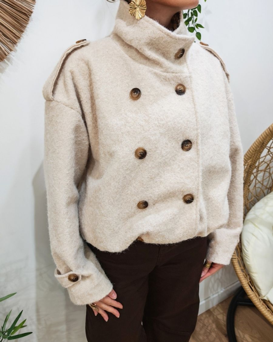 Manteau court femme effet bombers col montant revers à carreaux