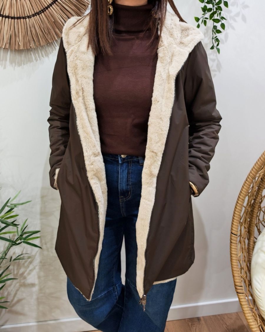 Parka longue femme marron fourrée beige réversible Théia