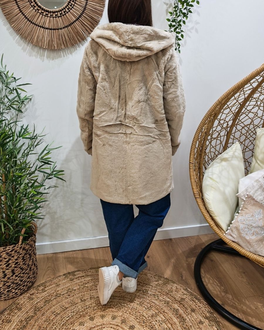 Parka longue femme marron fourrée beige réversible Théia