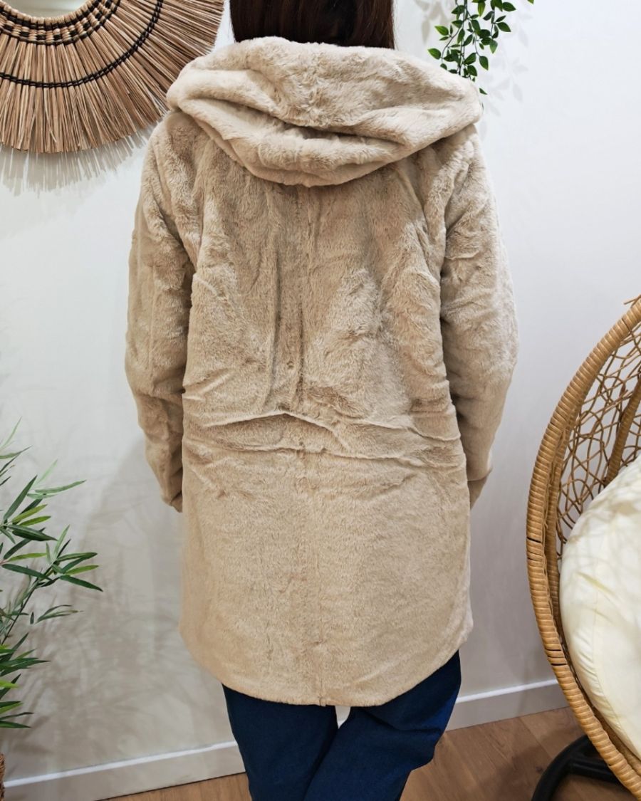 Parka longue femme marron fourrée beige réversible Théia