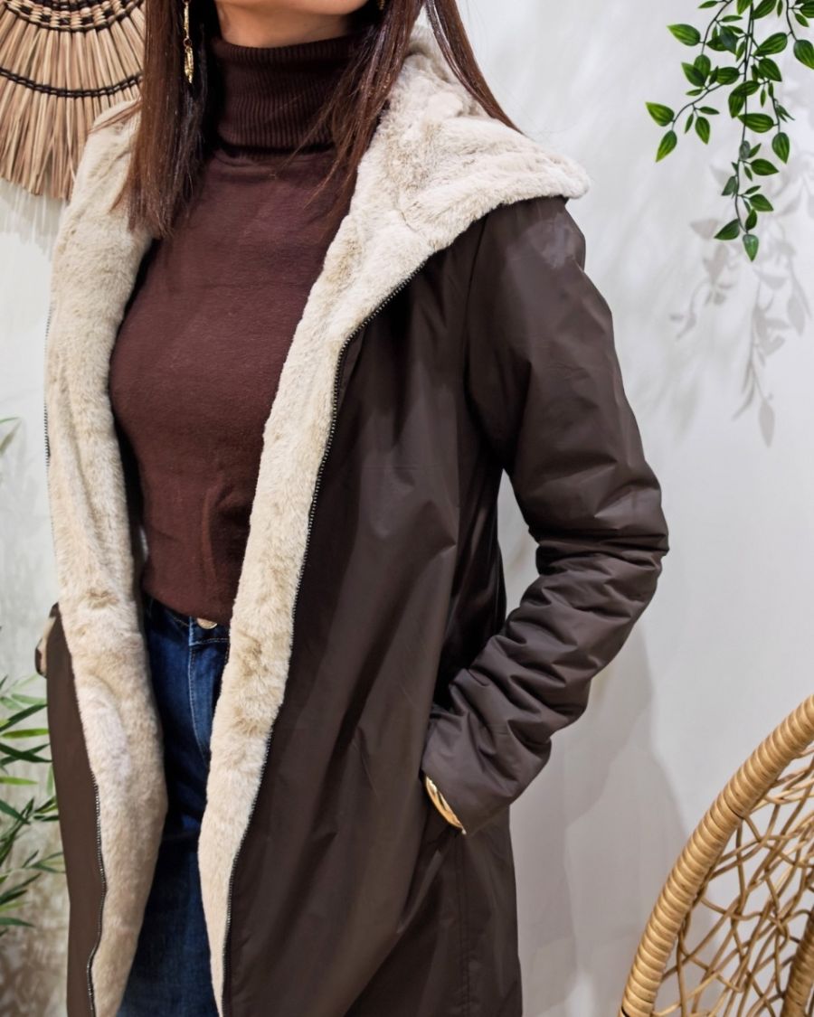 Parka longue femme marron fourrée beige réversible Théia