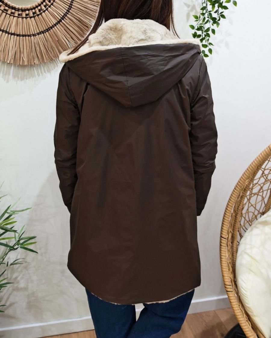 Parka longue femme marron fourrée beige réversible Théia
