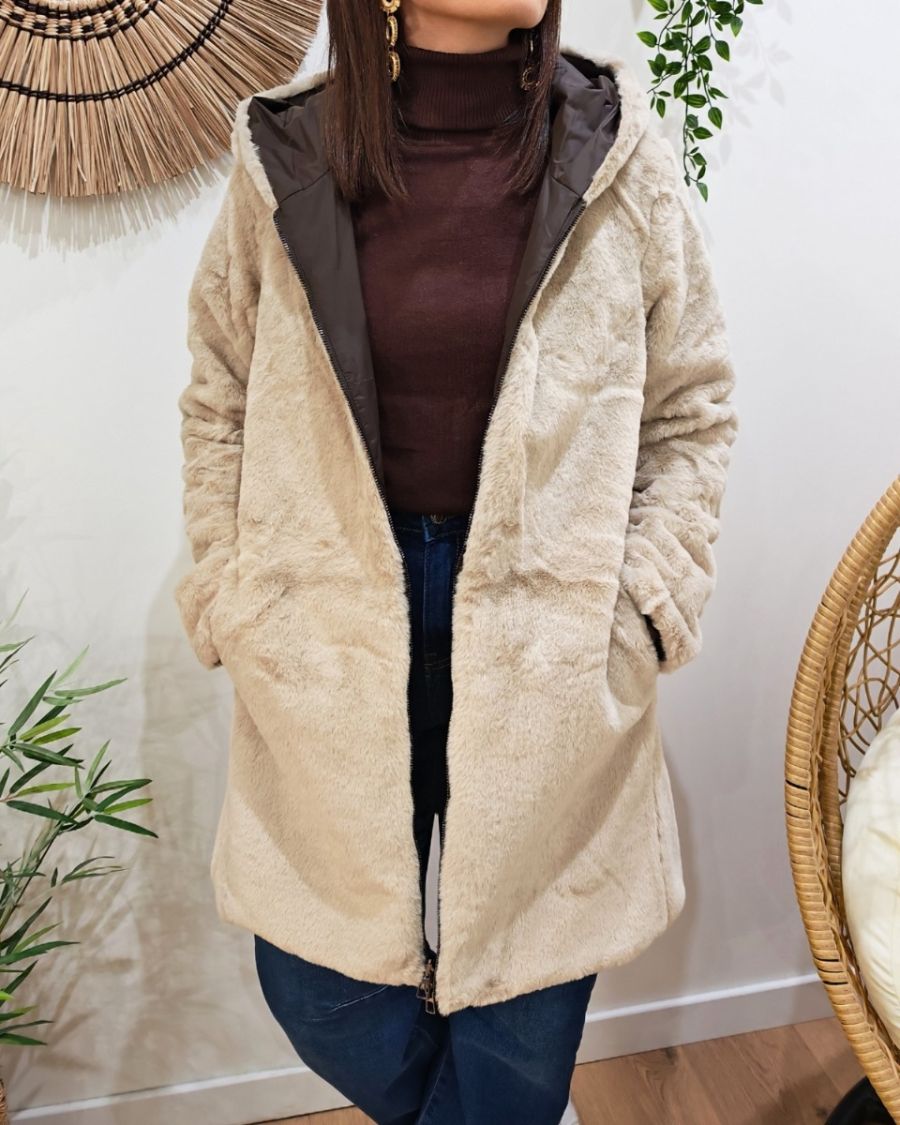 Parka longue femme marron fourrée beige réversible Théia