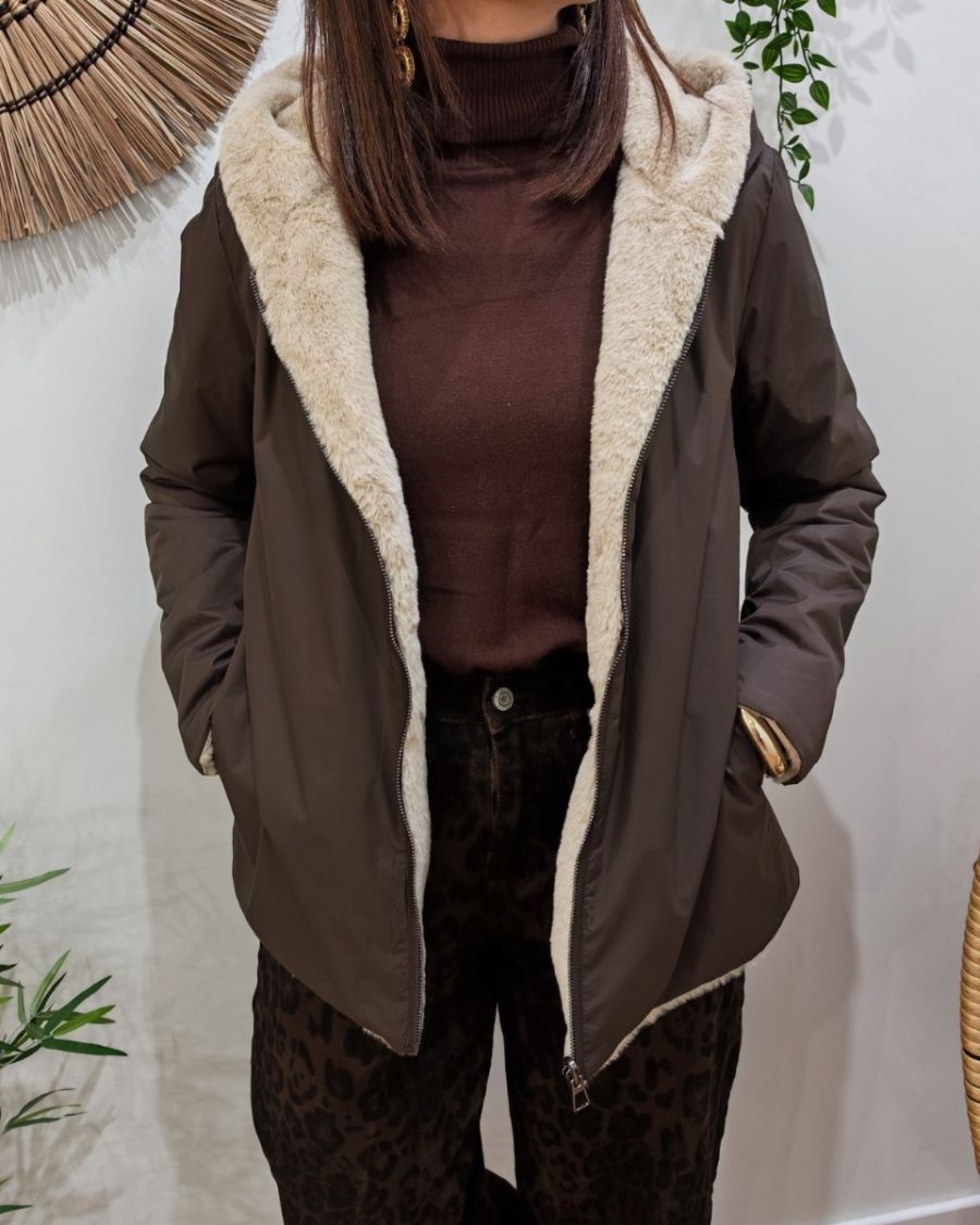 Parka courte femme marron fourrée beige réversible Inara