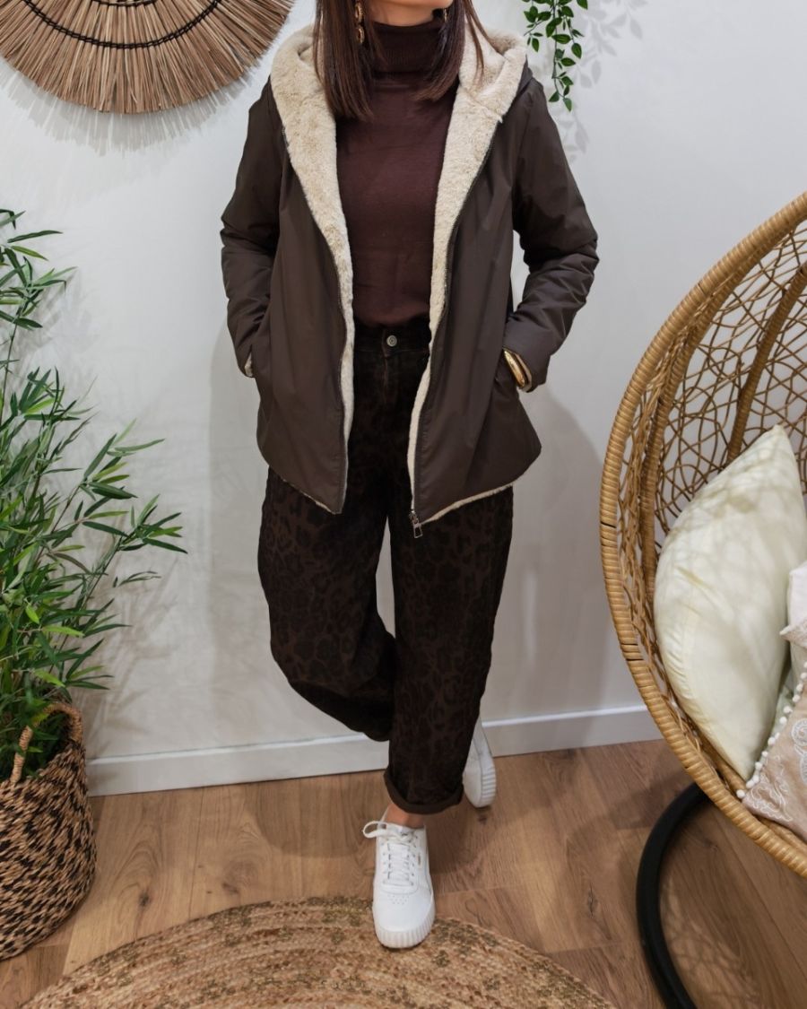 Parka courte femme marron fourrée beige réversible Inara