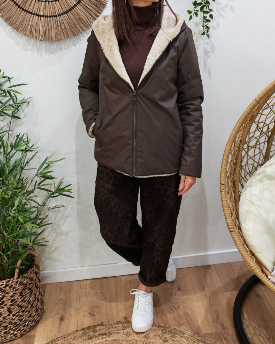 Parka courte femme marron fourrée beige réversible Inara