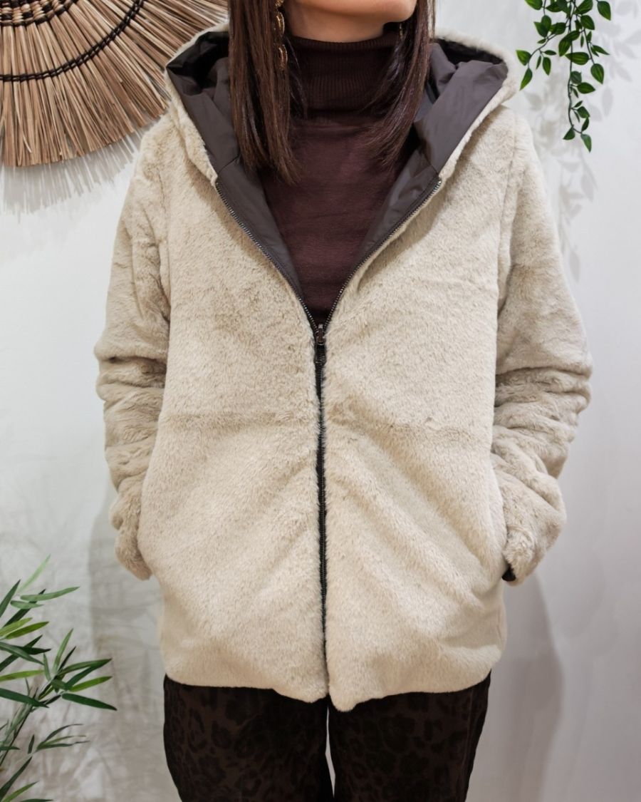 Parka courte femme marron fourrée beige réversible Inara