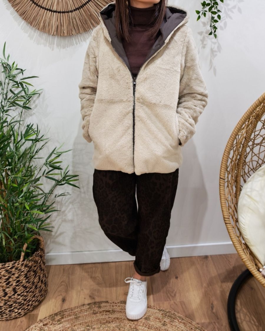 Parka courte femme marron fourrée beige réversible Inara