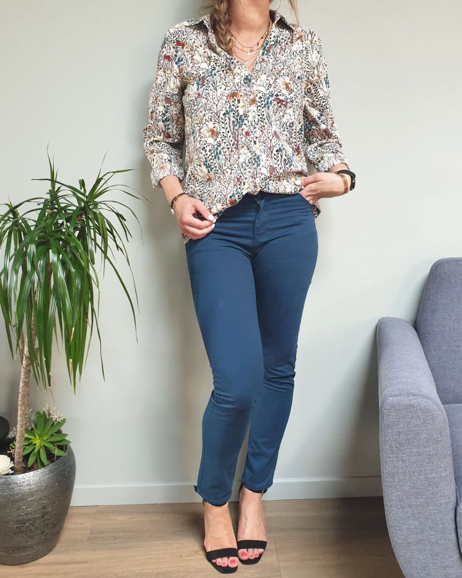 Pantalon bleu canard slim droit taille haute