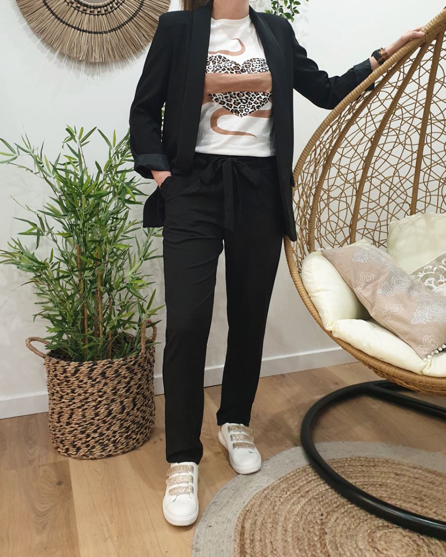 Pantalon femme fluide paper bag noir poches à volants