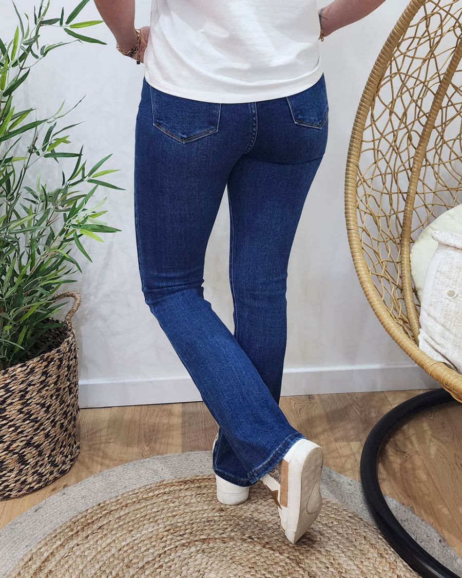Jean femme foncé slim évasé flare taille haute
