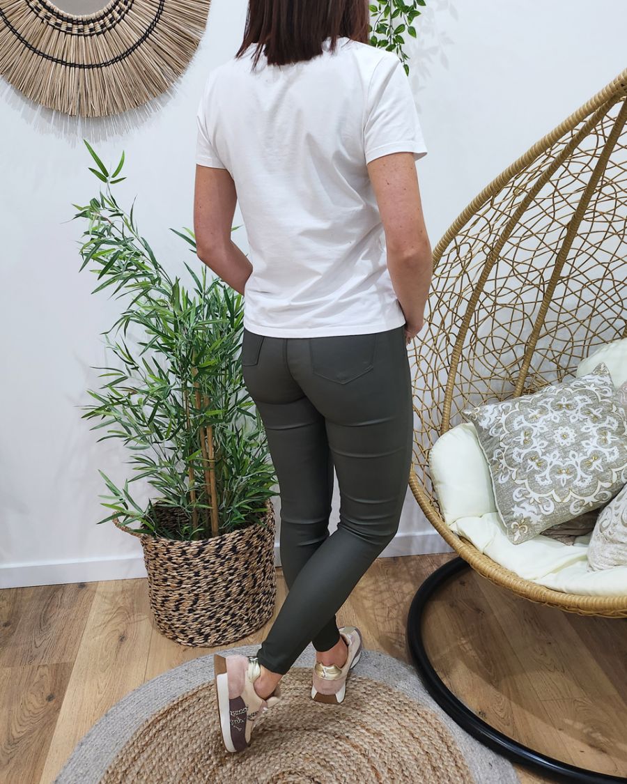 Pantalon femme similicuir kaki foncé skinny