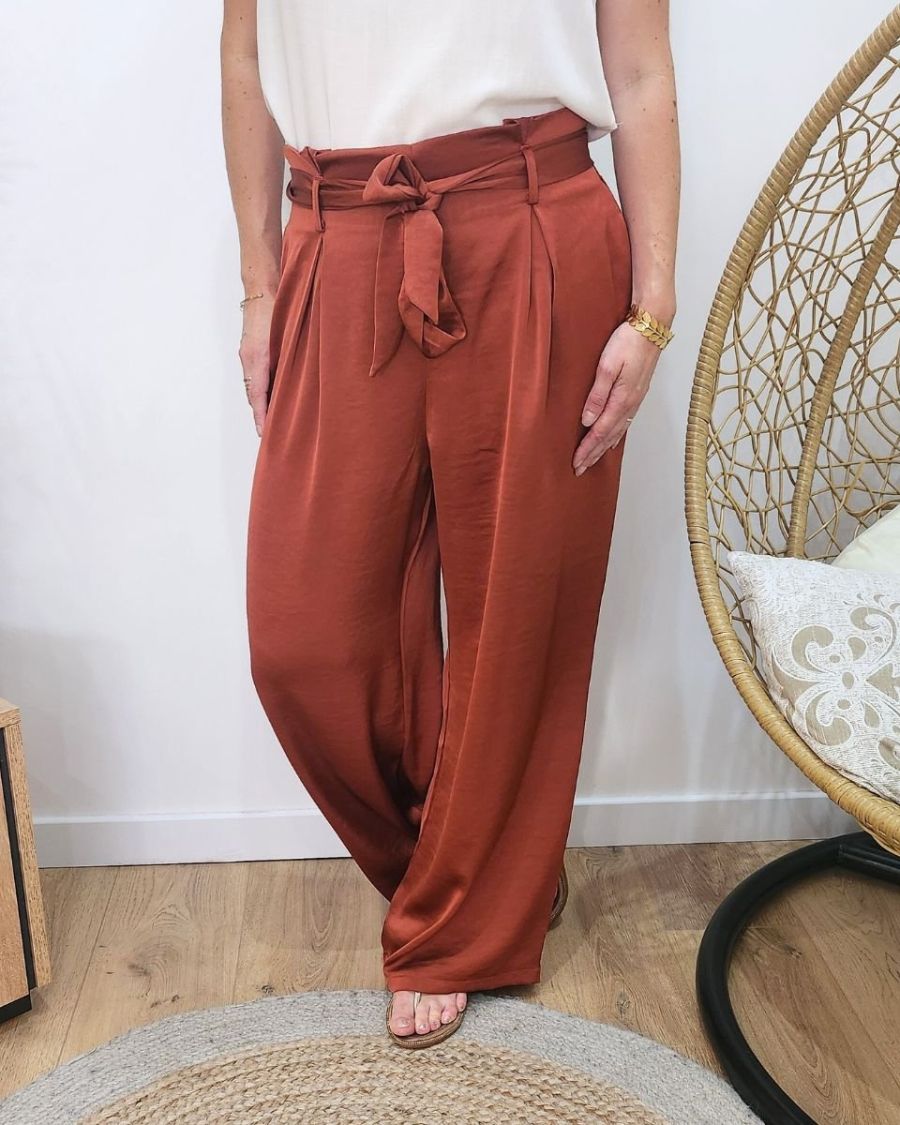 Pantalon fluide femme satiné terracota