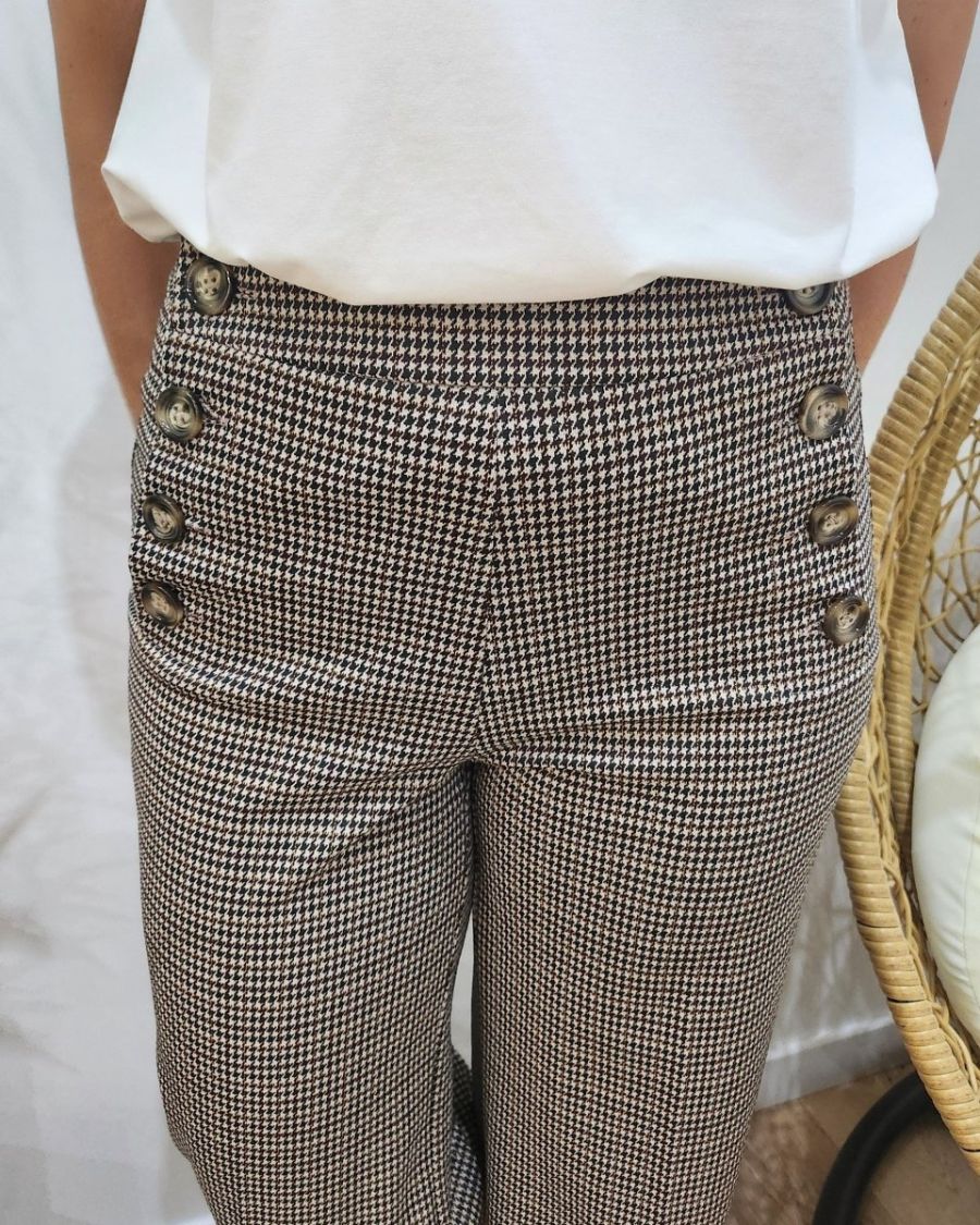 Pantalon femme à carreaux fluide taille haute boutonné Dina