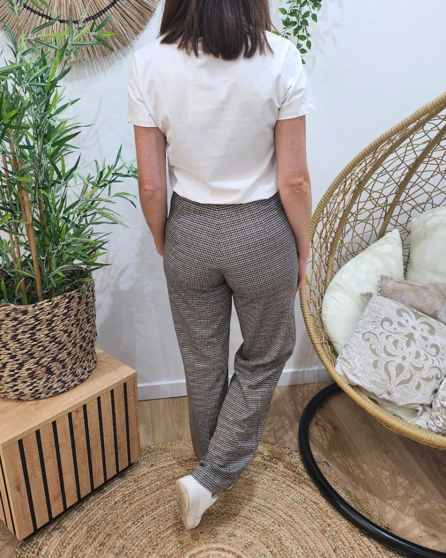 Pantalon femme à carreaux fluide taille haute boutonné Dina