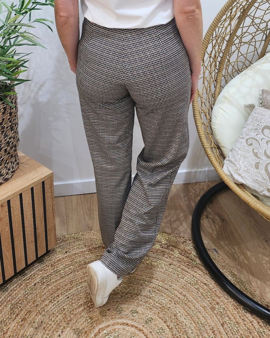 Pantalon femme à carreaux fluide taille haute boutonné Dina