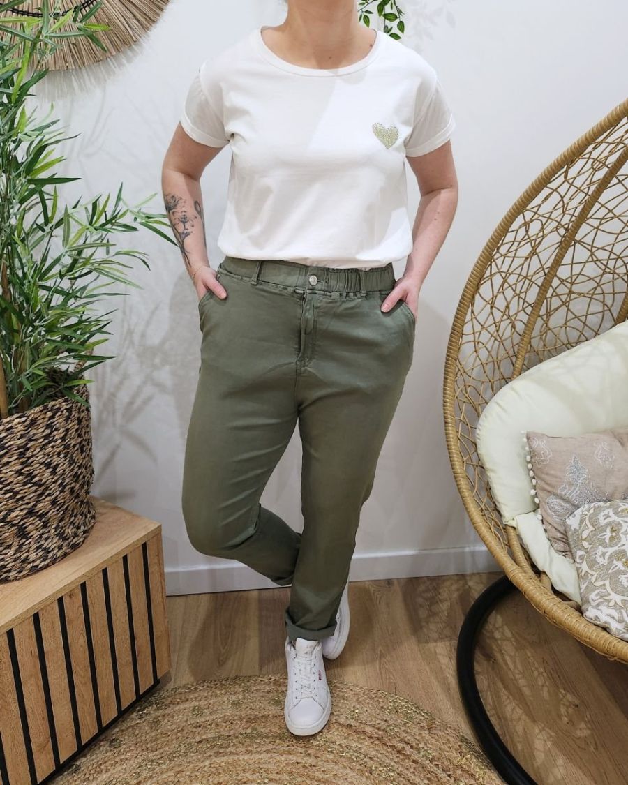 Pantalon femme élastiqué kaki Bianka
