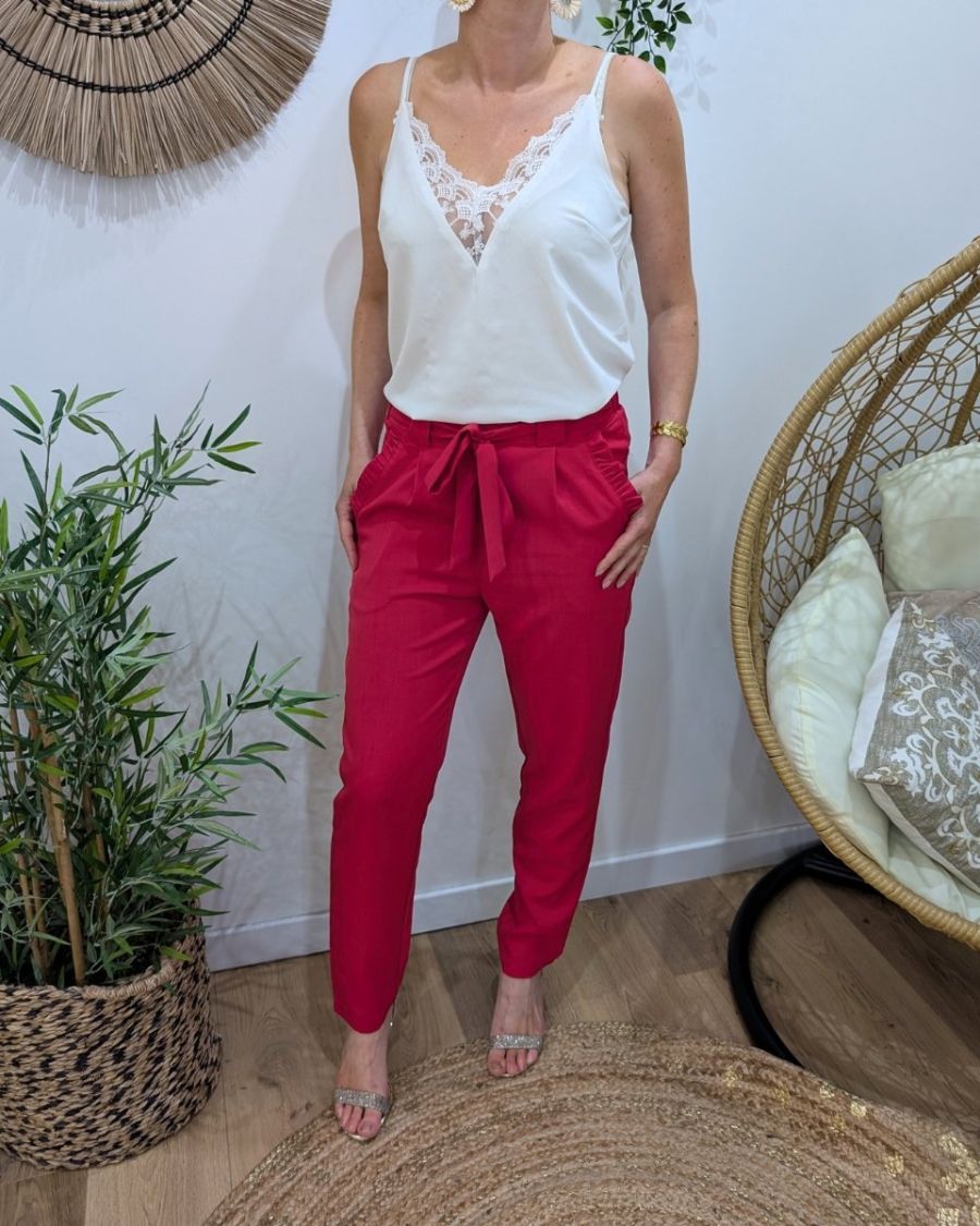 Pantalon femme paper bag cerise