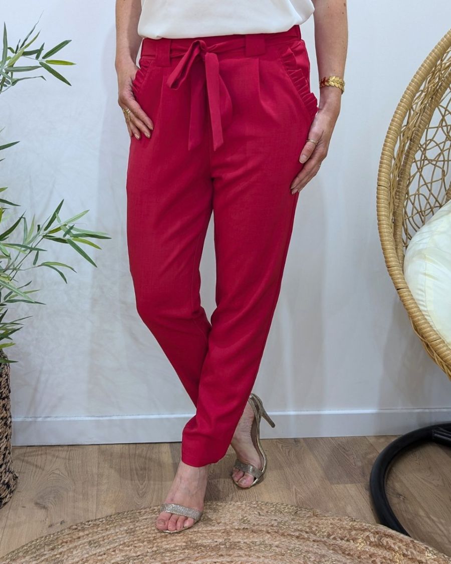 Pantalon femme paper bag cerise