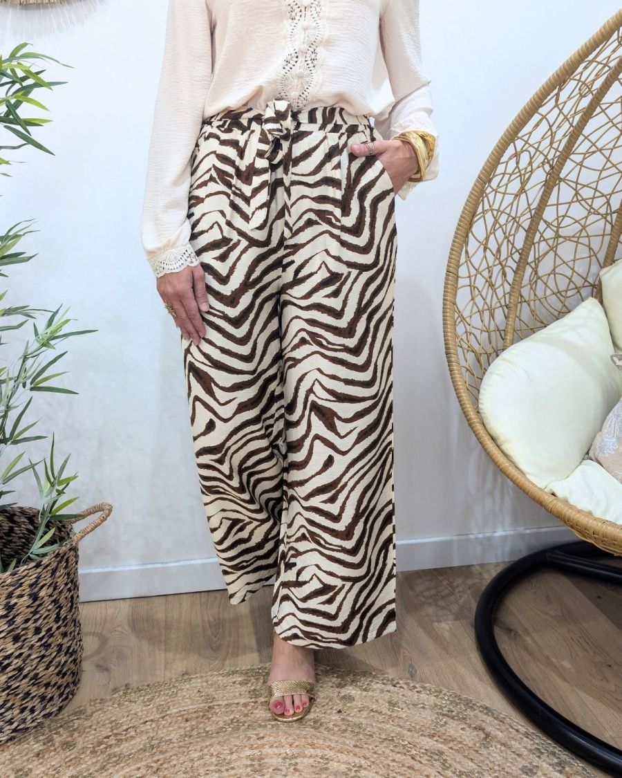 Pantalon fluide femme beige zebrures marrons camel Domitille