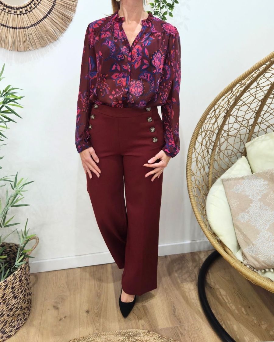 Pantalon femme terracotta fluide taille haute boutonné Dina
