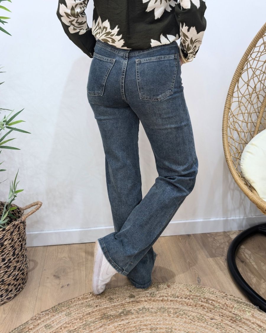 Jean femme bleu foncé délavé vieilli wide leg
