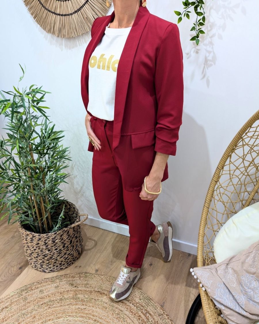 Blazer femme manches plissées rouge bordeaux