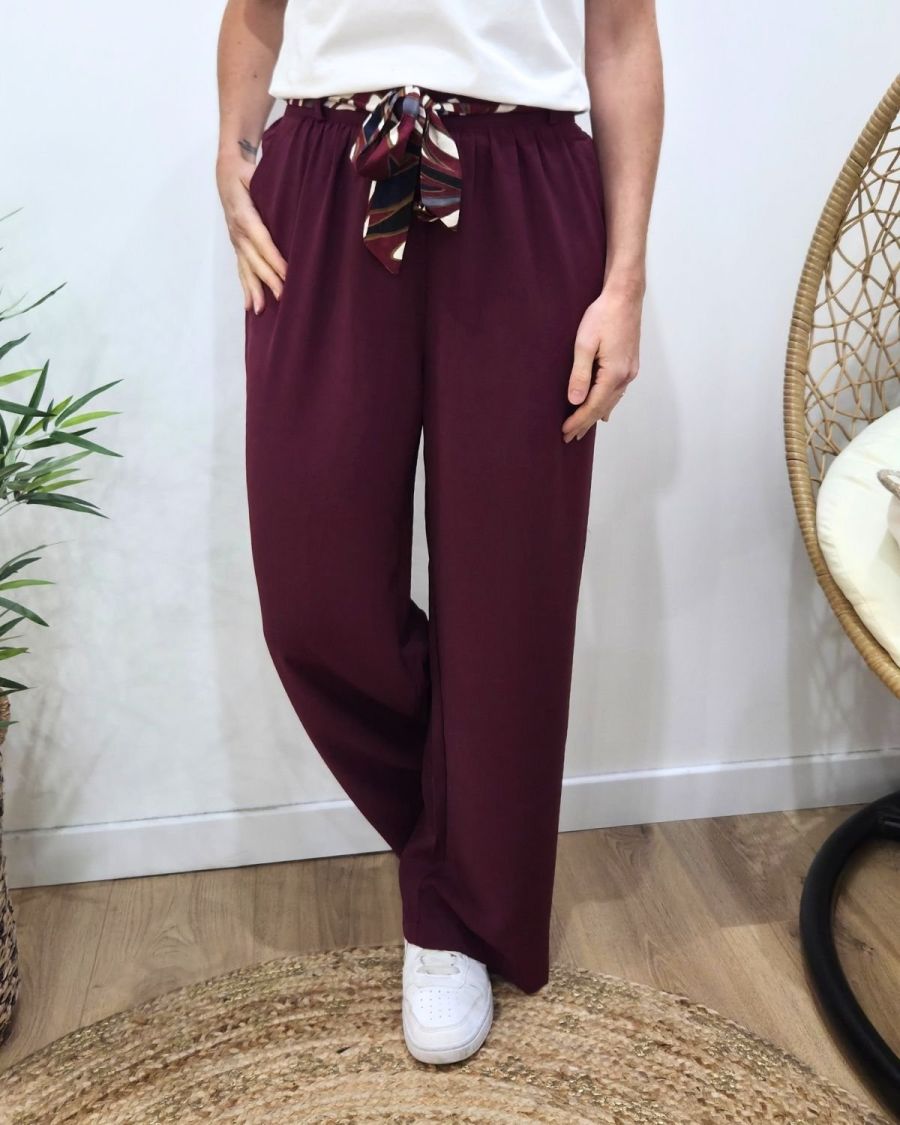Pantalon fluide femme large rouge bordeaux ceinture à motifs Maïra