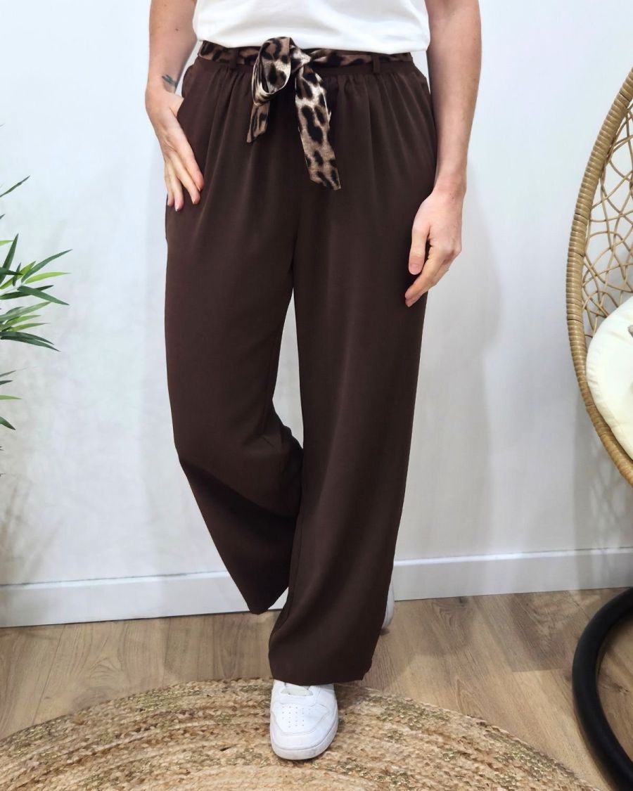 Pantalon fluide femme large marron ceinture à motifs Maïra