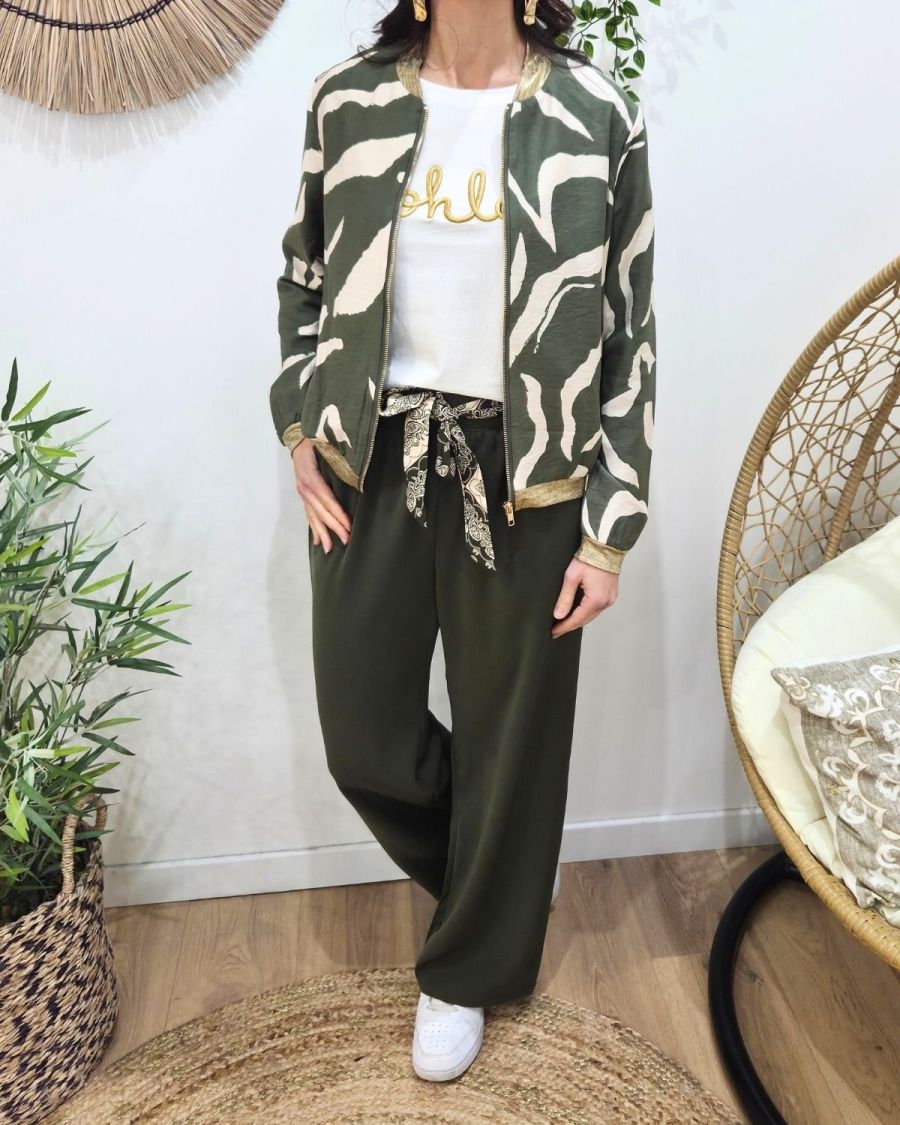 Pantalon fluide femme large kaki ceinture à motifs Maïra