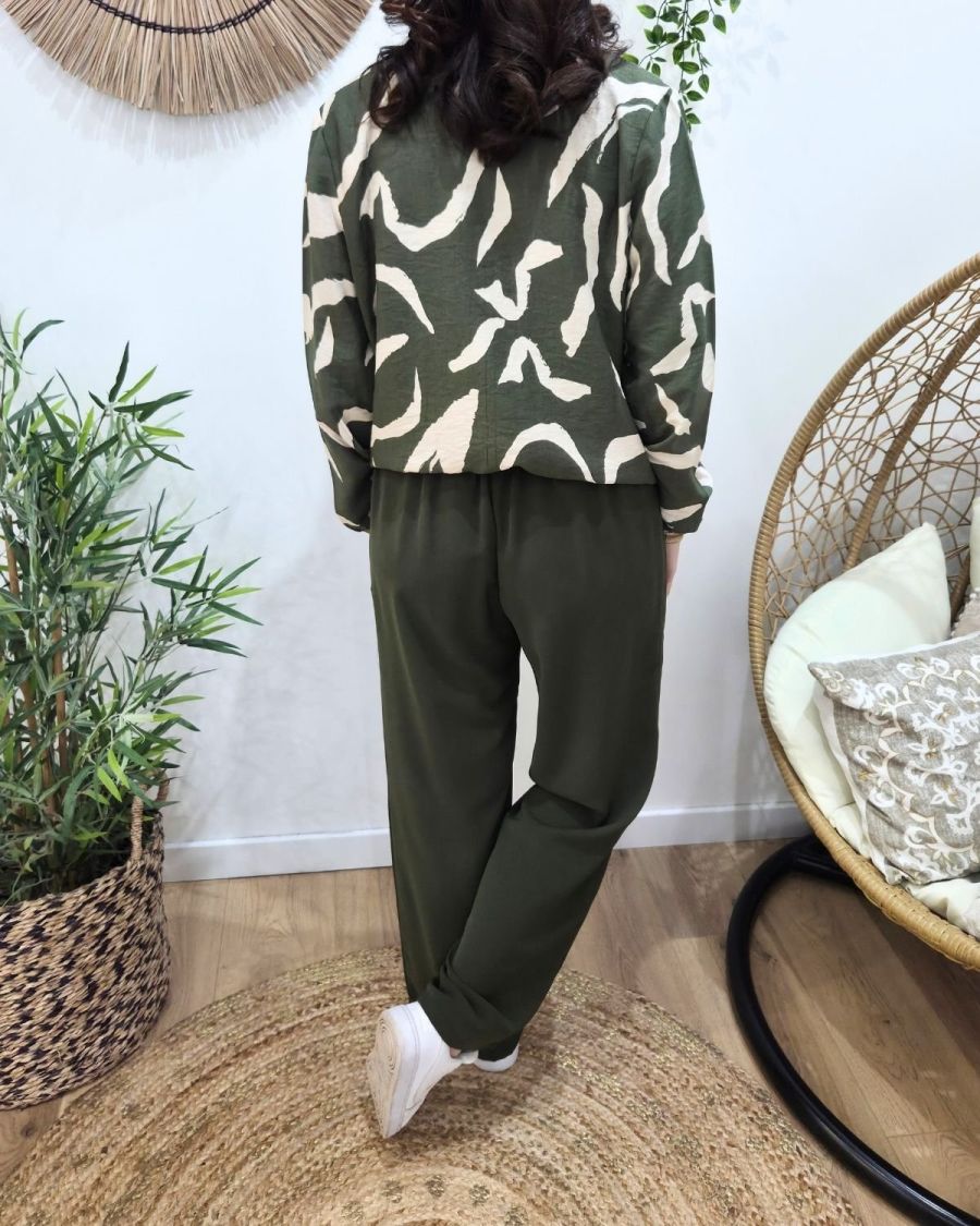 Pantalon fluide femme large kaki ceinture à motifs Maïra