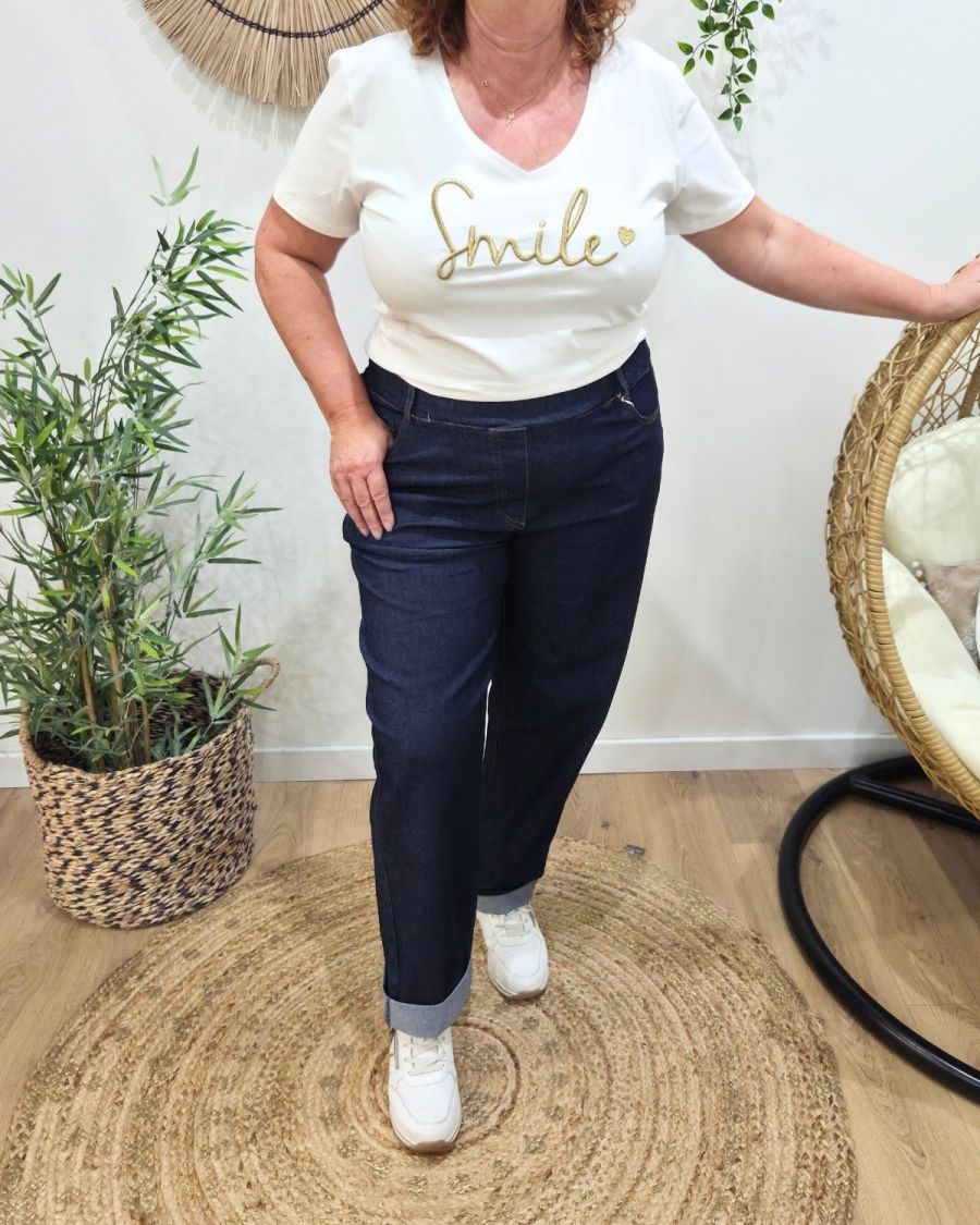 Pantalon élastiqué droit effet jean brut