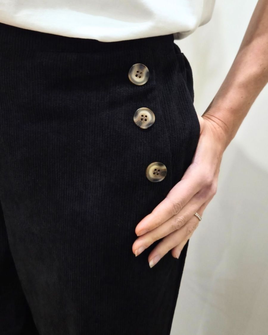 Pantalon large velours femme taille haute boutonné noir