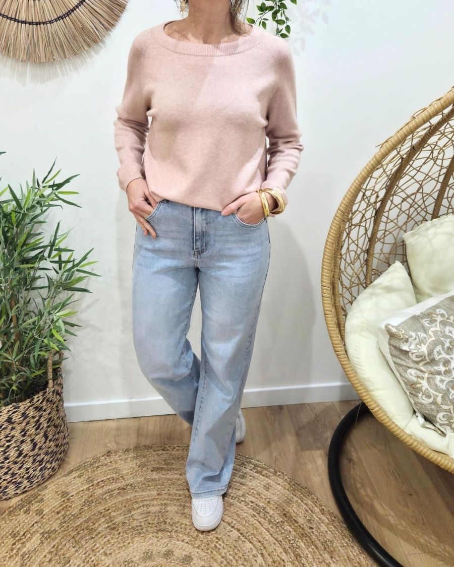 Jean femme wide leg power stretch taille haute bleu clair coupe confort +