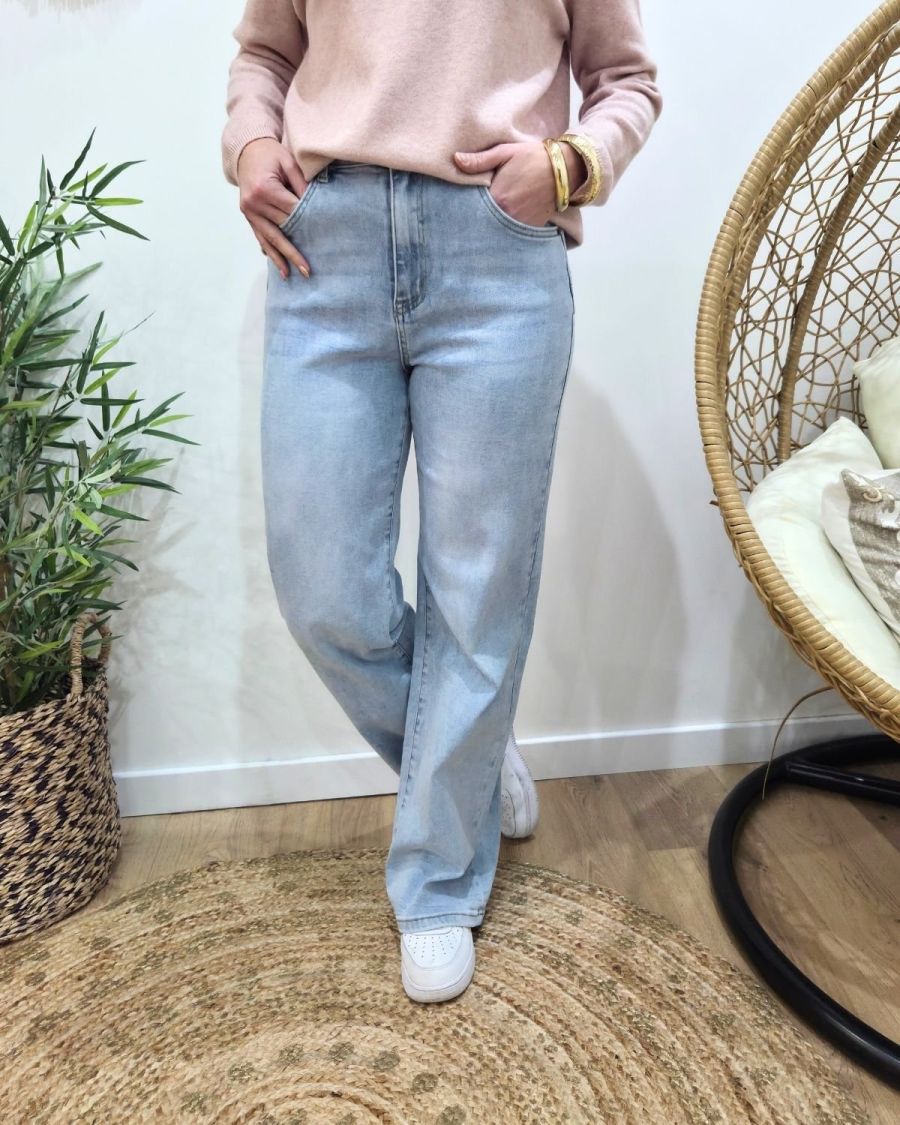 Jean femme wide leg power stretch taille haute bleu clair coupe confort +