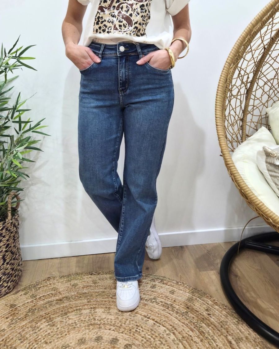 Jean femme droit power stretch bleu moyen taille haute coupe confort +