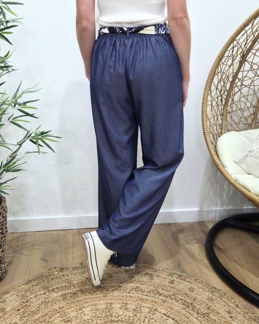 Pantalon fluide femme large bleu jean ceinture à motifs taille haute confort Maïra