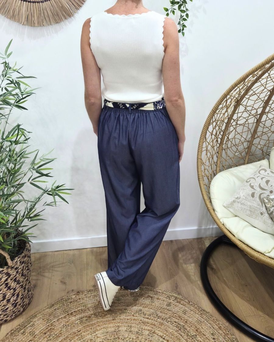 Pantalon fluide femme large bleu jean ceinture à motifs taille haute confort Maïra