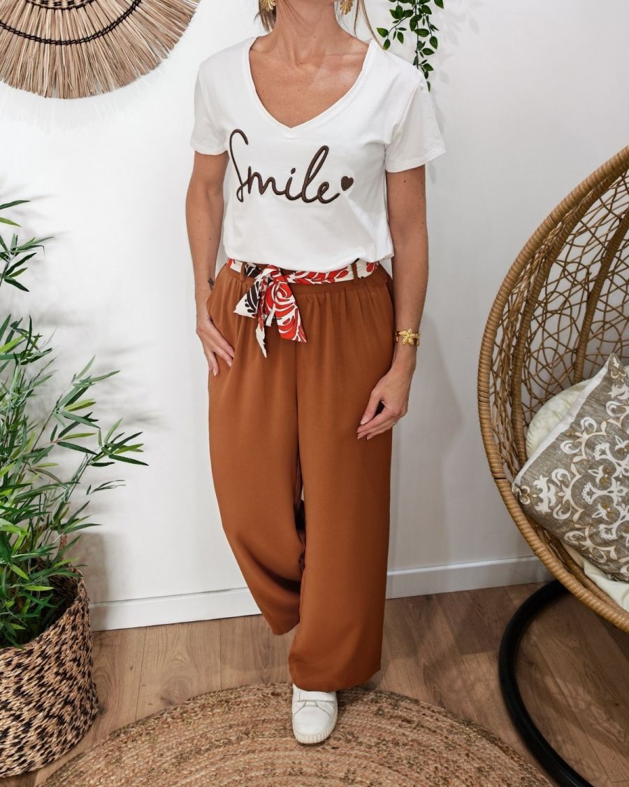 Pantalon fluide femme large camel ceinture à motifs Maïra