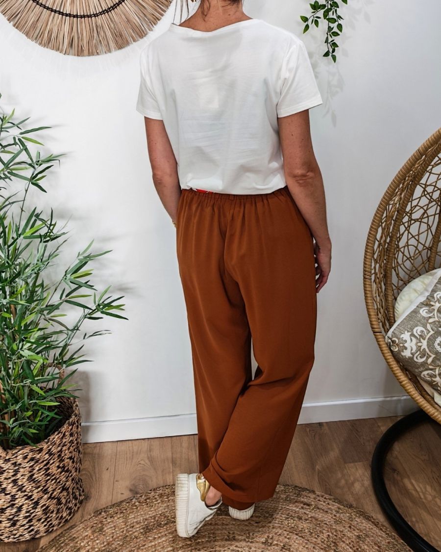 Pantalon fluide femme large camel ceinture à motifs Maïra